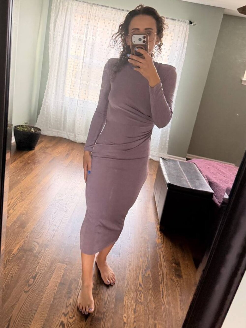 Shimmering Mauve Mock Neck Midi Dress